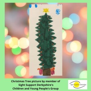 Image shows a tall dark green Christmas Tree drawn by a child on a background of twinkling Christmas lights