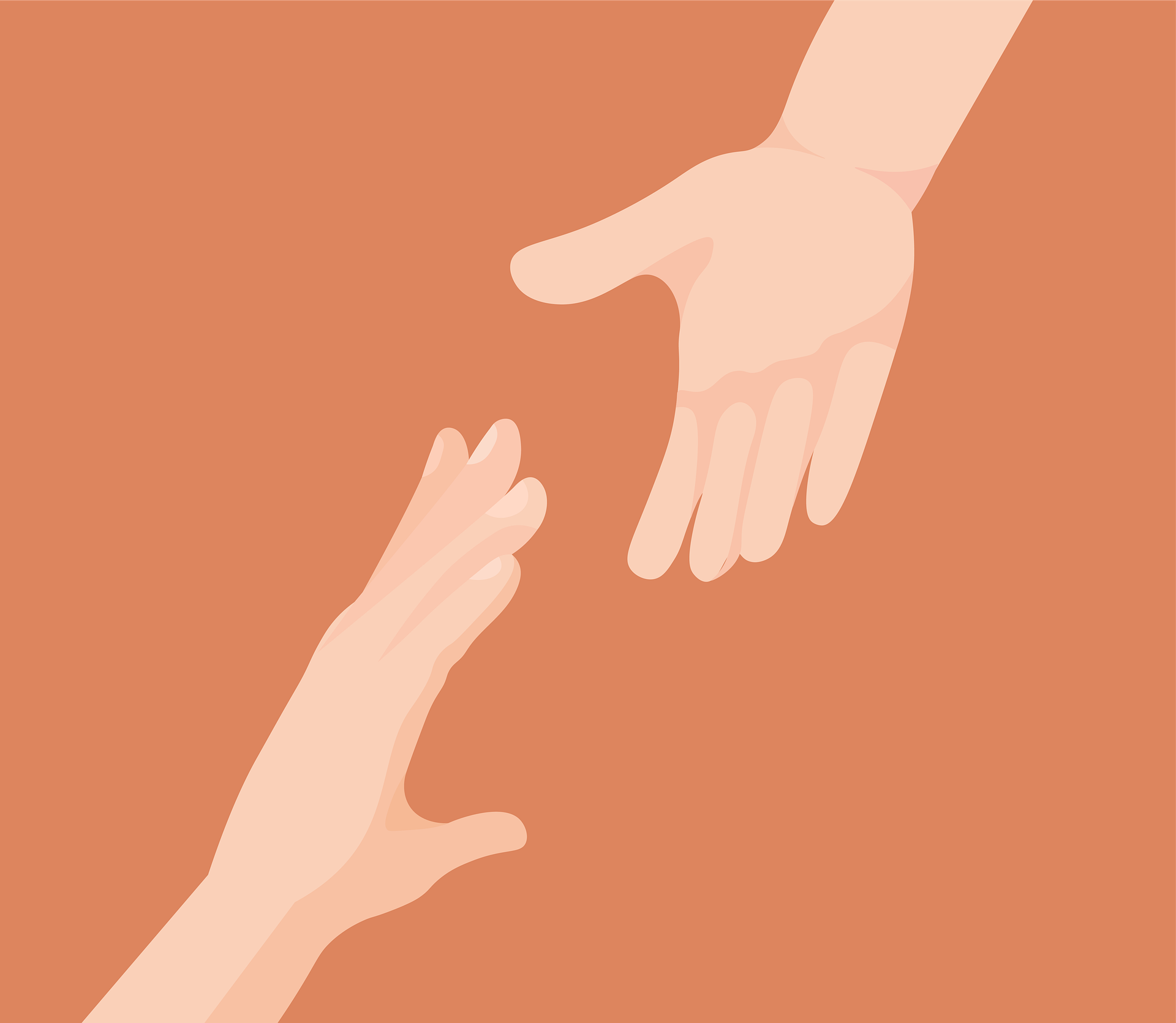 One hand reaching up to another which is reaching down to help. Cartoon drawing on a light terracotta coloured background