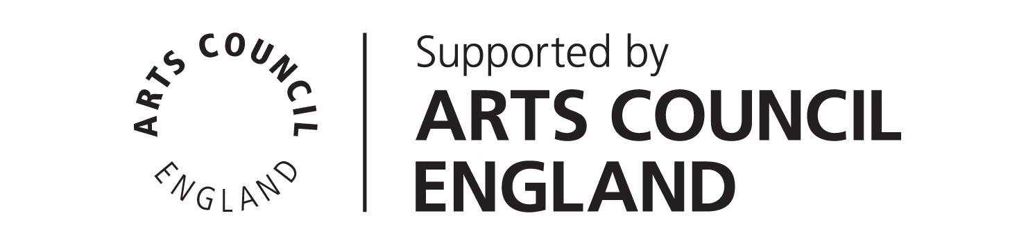Black text on a white background with the words Arts Council England in a circle, and next to it the words Supported by Arts Council England