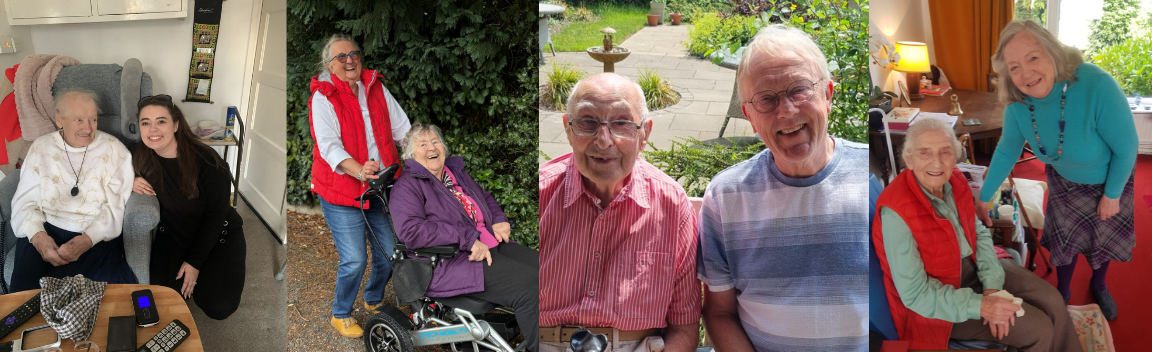 Four images of Befriending pairs. The far left photo is of an older lady sitting in an armchair, smiling with her head turned towards a younger lady crouched next to her. The next photo shows an older lady in a wheelchair being pushed by another lady - they are both laughing. The third photo is of two gentlemen sitting outside in a garden smiling at the camera. The photo on the right is of an older lady sitting in a chair with another lady leaning in to the photo - they are both smiling.